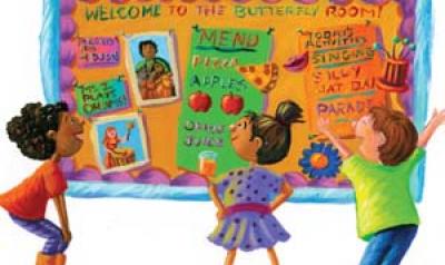 Illustration of three children looking at a Welcome bulletin board.