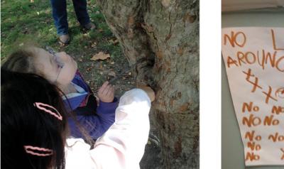 Group of children in park and painting of a tree