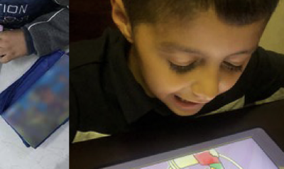 two images showcasing children drawing pictures together and looking at a tablet