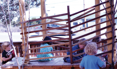 Five preschoolers designing a tree house